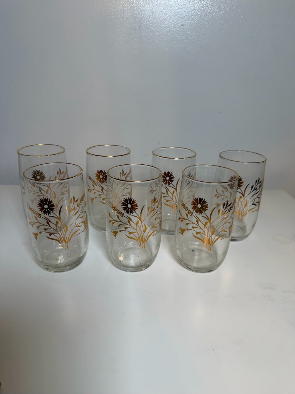 Vintage Drinking Glasses Set of 7 David Douglas MCM Daisy Wheat Pattern Gold